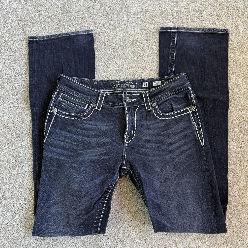 Miss Me Bootcut Jeans Womens 31 Dark Blue Embroidered Cross Rhinestone Bling